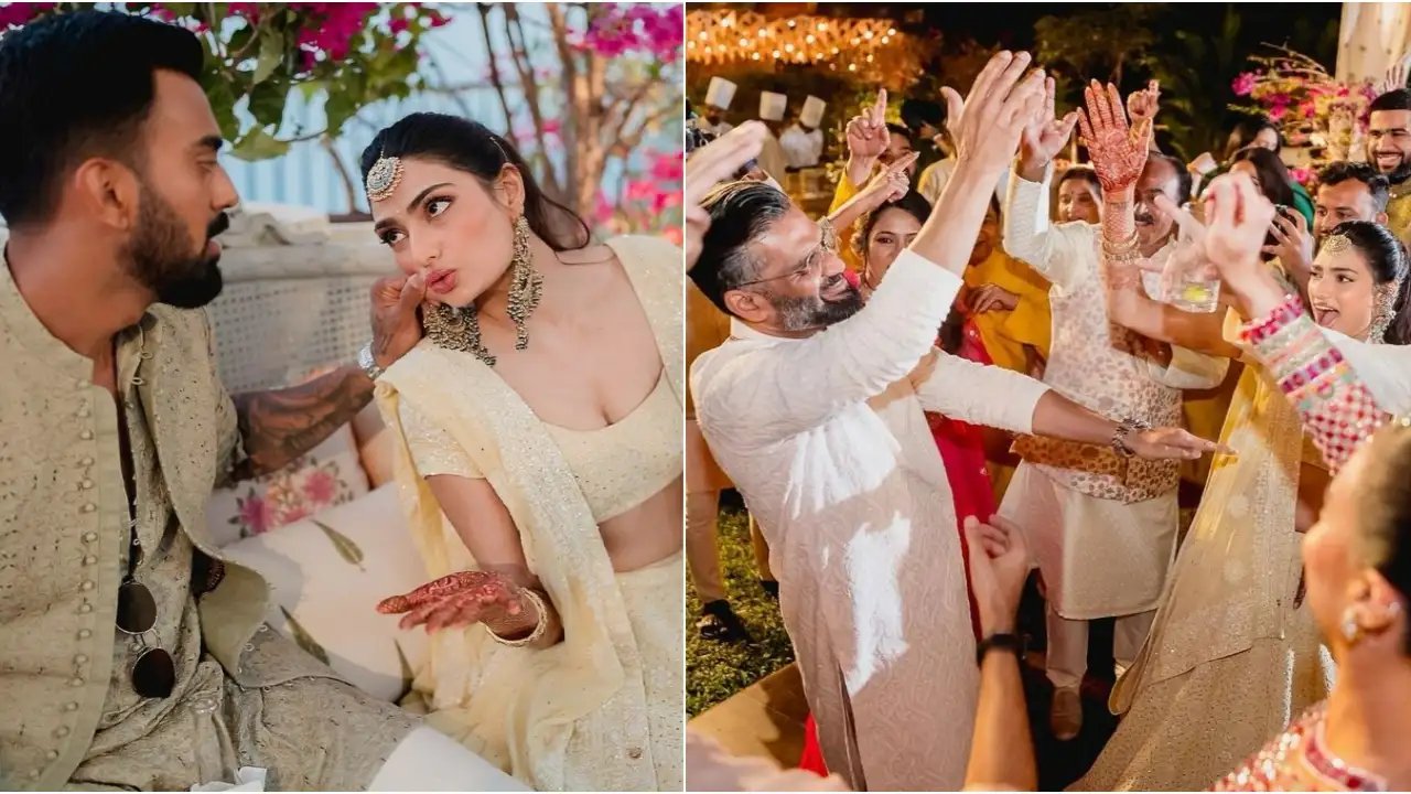 Athiya Shetty-KL Rahul dish out couple goals in sangeet and mehendi pics; Suniel Shetty dances his heart out